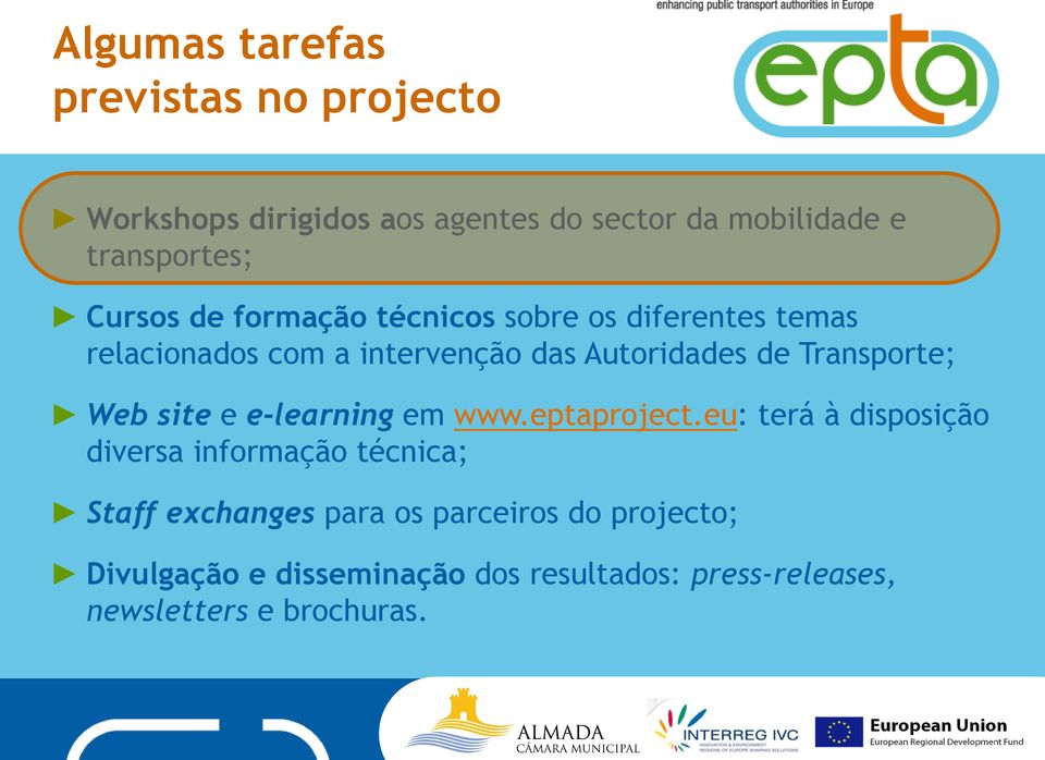 Transporte; Web site e e-learning em www.eptaproject.