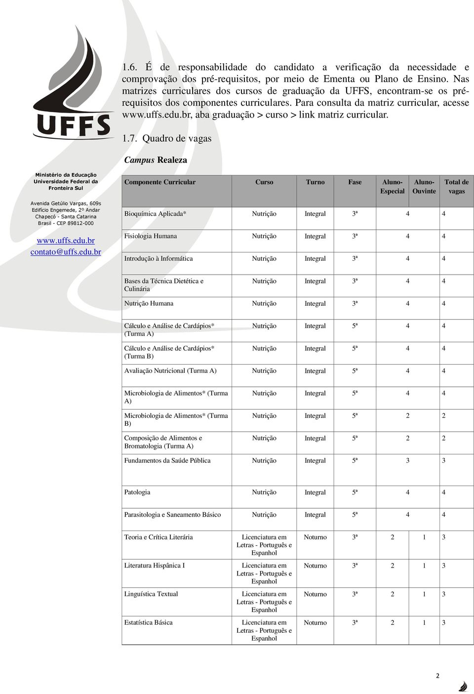 Para consulta da matriz curricular, acesse, aba graduação > curso > link matriz curricular. 1.7.