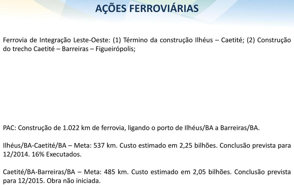 022 km de ferrovia, ligando o porto de Ilhéus/BA a Barreiras/BA. Ilhéus/BA-Caetité/BA Meta: 537 km.