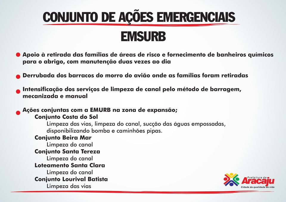 manual Ações conjuntas com a EMURB na zona de expansão; Conjunto Costa do Sol Limpeza das vias, limpeza do canal, sucção das águas empossadas, disponibilizando bomba e