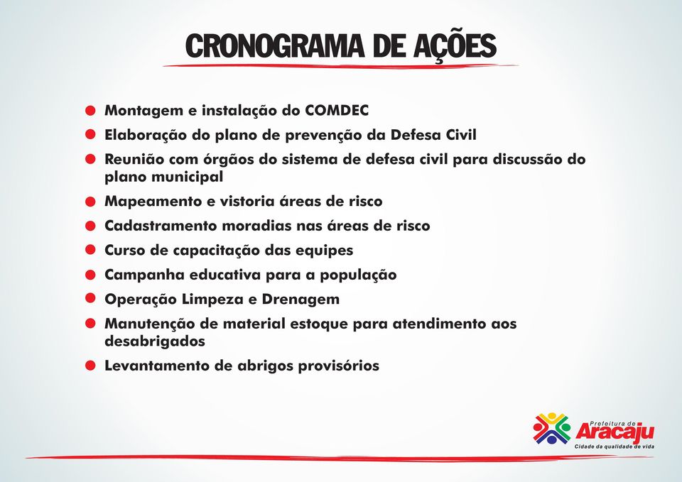 Cadastramento moradias nas áreas de risco Curso de capacitação das equipes Campanha educativa para a população