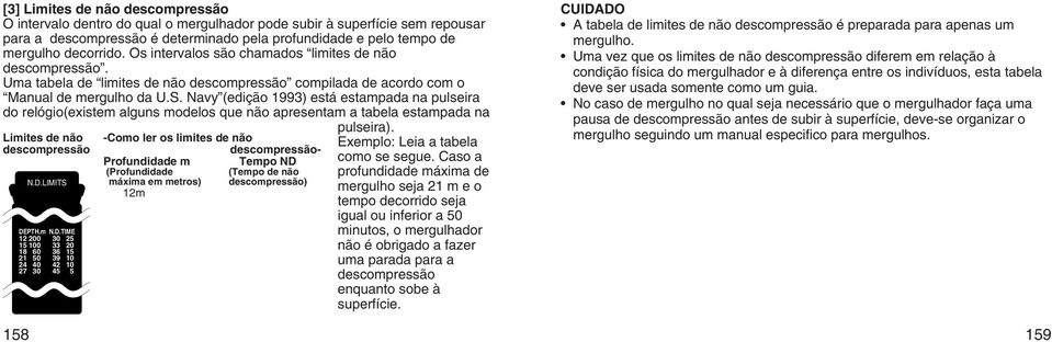 Navy (edição 1993) está estampada na pulseira do relógio(existem alguns modelos que não apresentam a tabela estampada na Limites de não descompressão DE