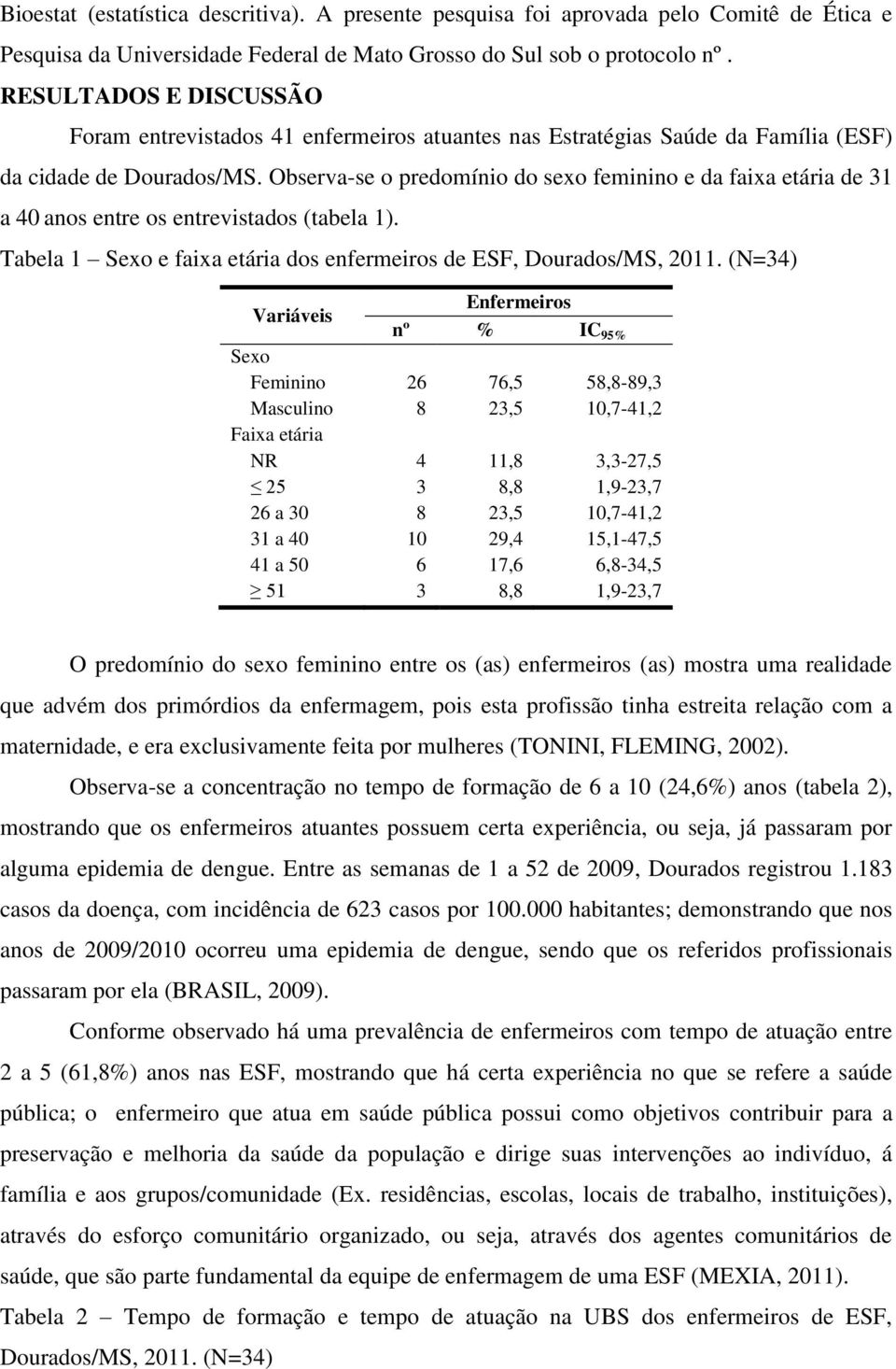 Observa-se o predomínio do sexo feminino e da faixa etária de 31 a 40 anos entre os entrevistados (tabela 1). Tabela 1 Sexo e faixa etária dos enfermeiros de ESF, Dourados/MS, 2011.