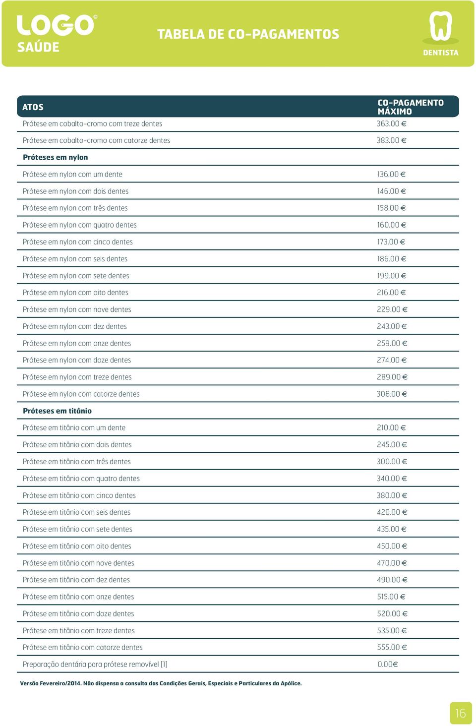 00 Prótese em nylon com sete dentes 199.00 Prótese em nylon com oito dentes 216.00 Prótese em nylon com nove dentes 229.00 Prótese em nylon com dez dentes 243.00 Prótese em nylon com onze dentes 259.