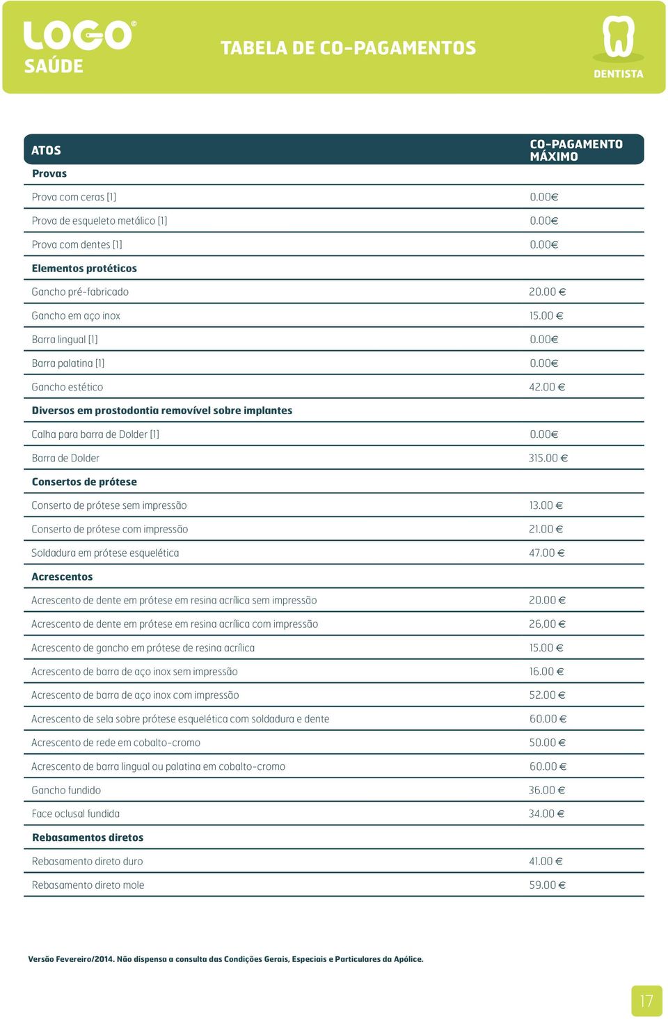 00 Consertos de prótese Conserto de prótese sem impressão 13.00 Conserto de prótese com impressão 21.00 Soldadura em prótese esquelética 47.