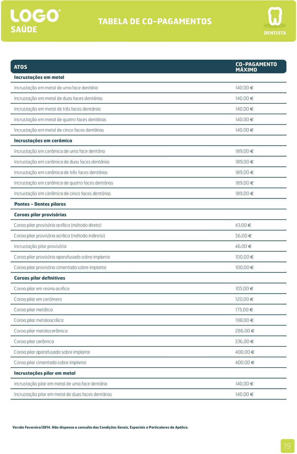 00 Incrustação em cerâmica de duas faces dentárias 189.00 Incrustação em cerâmica de três faces dentárias 189.00 Incrustação em cerâmica de quatro faces dentárias 189.