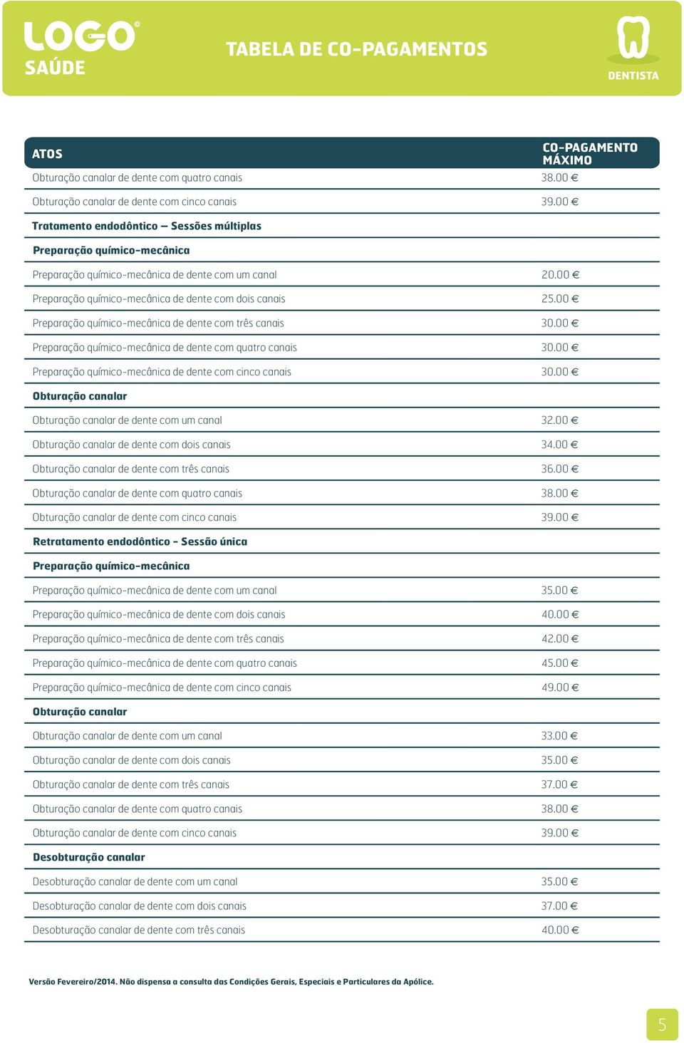 00 Preparação químico-mecânica de dente com três canais 30.00 Preparação químico-mecânica de dente com quatro canais 30.00 Preparação químico-mecânica de dente com cinco canais 30.