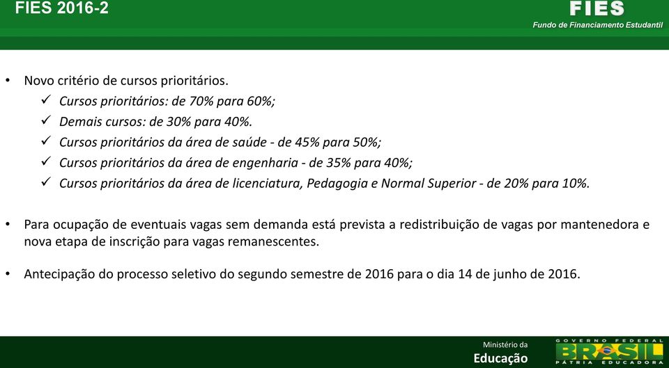 área de licenciatura, Pedagogia e Normal Superior - de 20% para 10%.