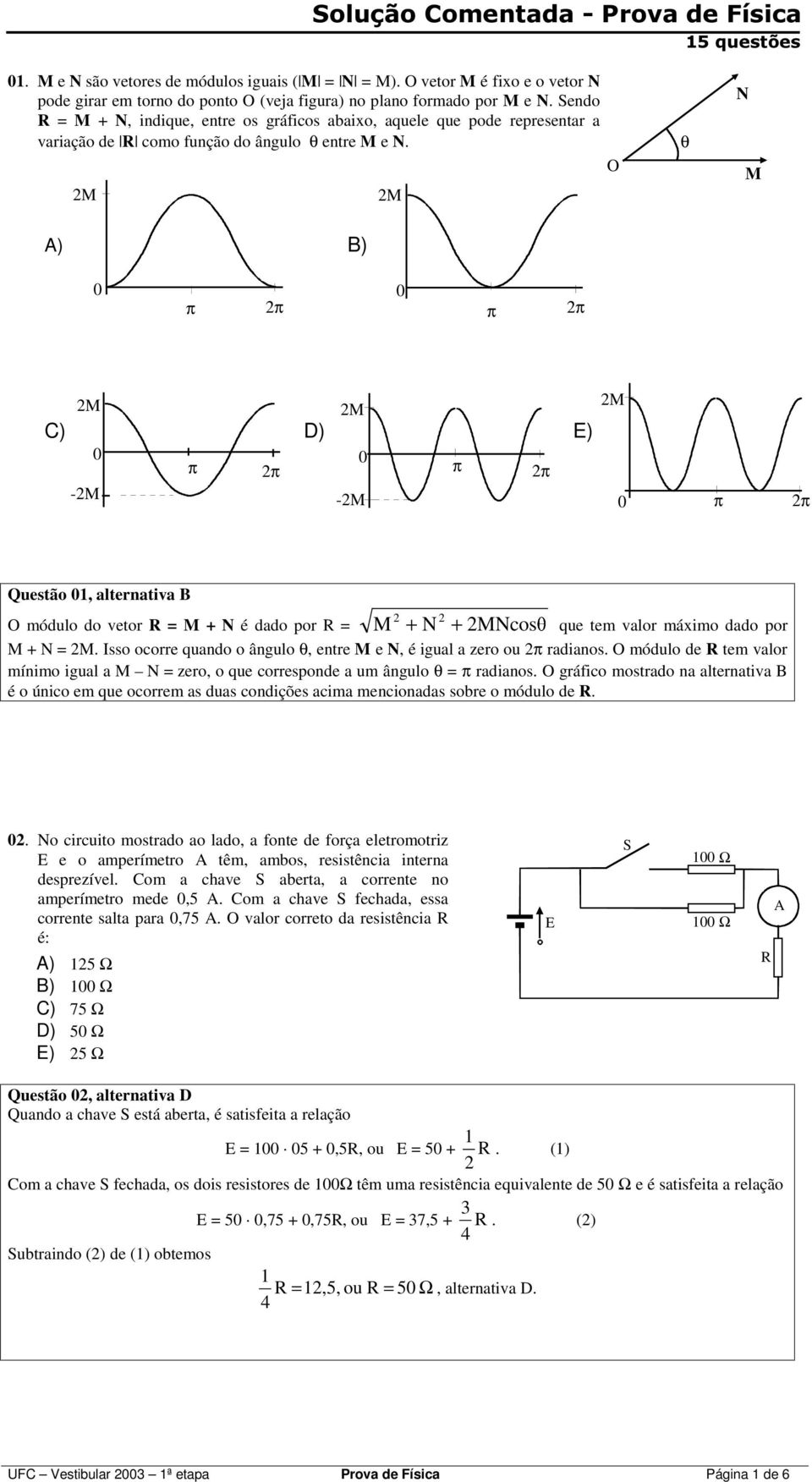 M M O θ N M A) B) π π π π M M C) D) E) π π π π -M -M M π π Questão, alternatia B O módulo do etor R = M + N é dado por R = M + N + MNos que tem alor máximo dado por M + N = M.