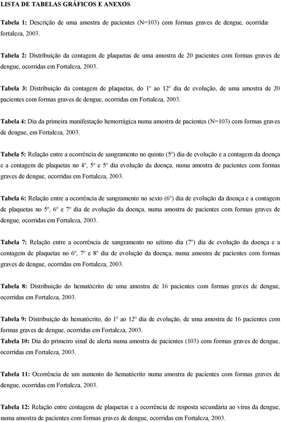 Tabela 3: Distribuição da contagem de plaquetas, do 1º ao 12º dia de evolução, de uma amostra de 20 pacientes com formas graves de dengue, ocorridas em Fortaleza, 2003.