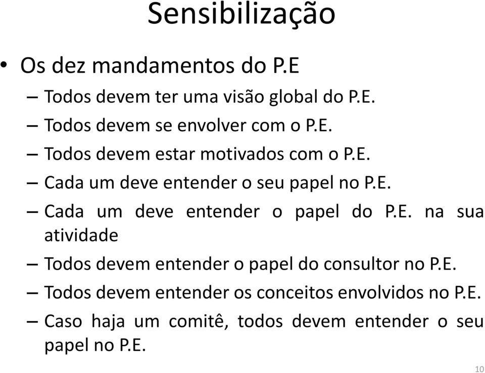 E. na sua atividade Todos devem entender o papel do consultor no P.E. Todos devem entender os conceitos envolvidos no P.