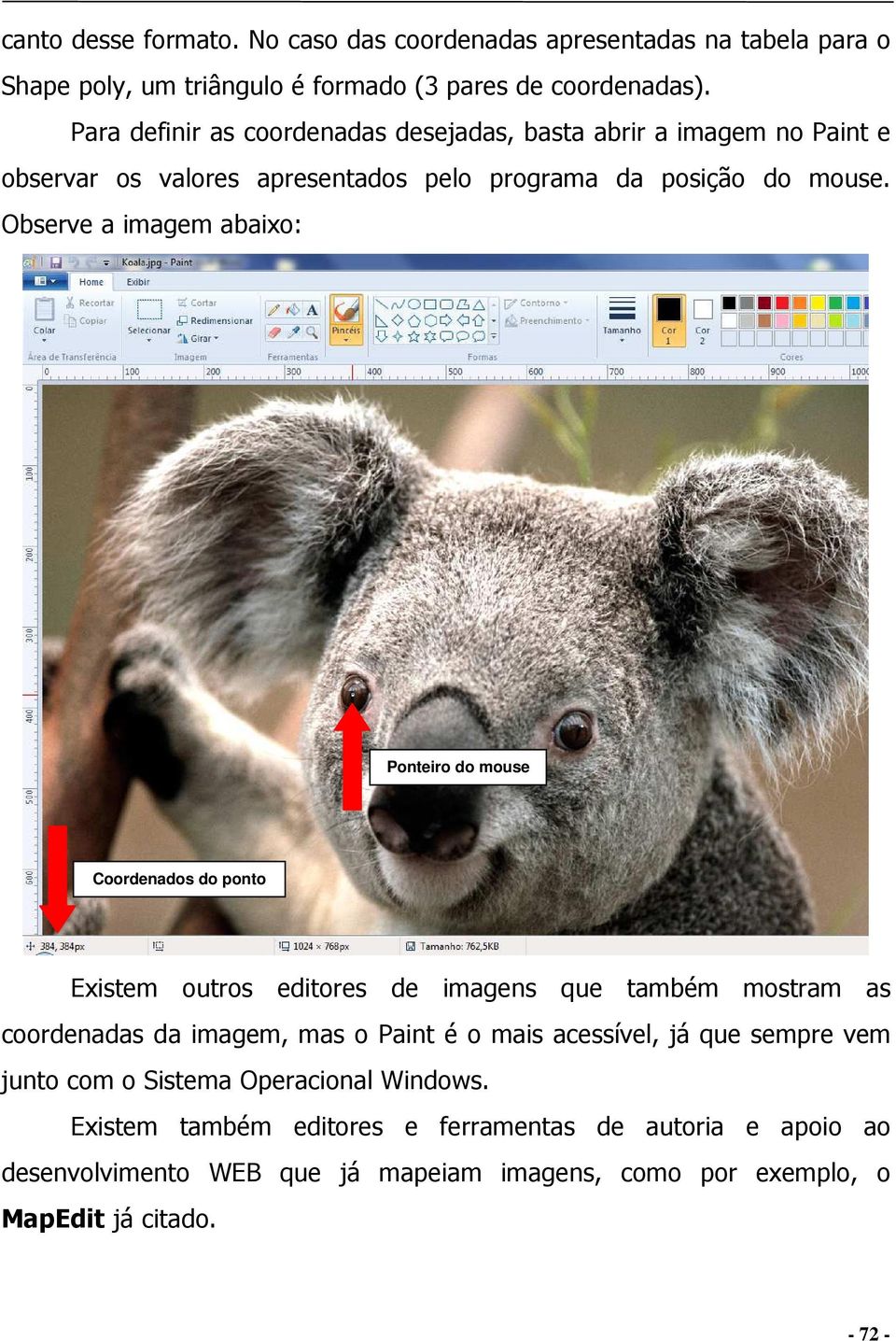 Observe a imagem abaixo: Ponteiro do mouse Coordenados do ponto Existem outros editores de imagens que também mostram as coordenadas da imagem, mas o Paint é o mais