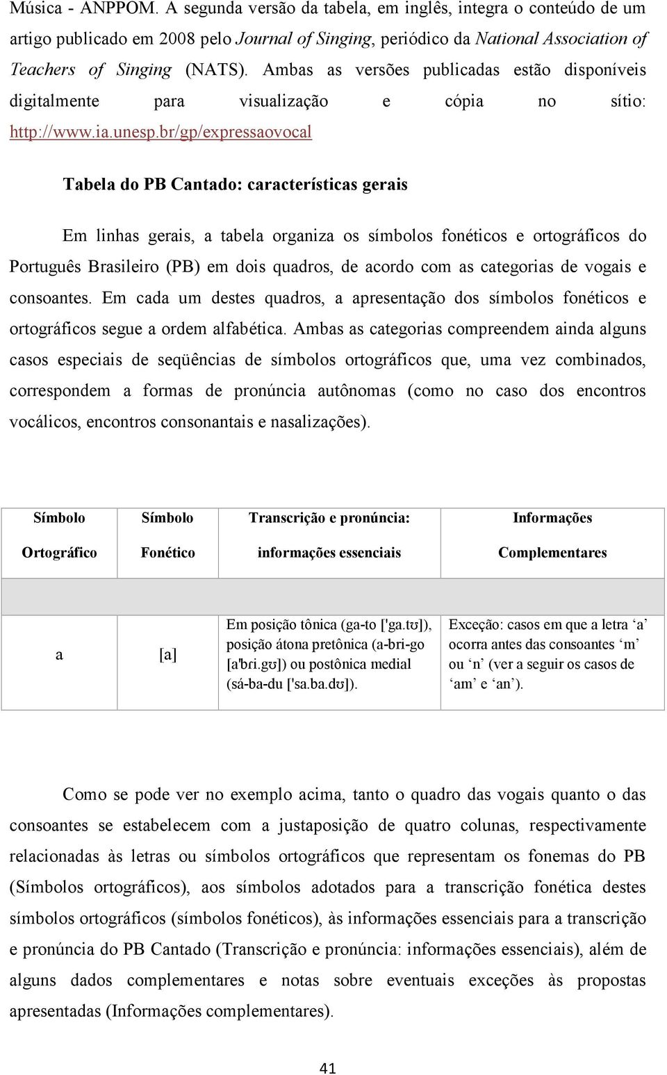 br/gp/expressaovocal Tabela do PB Cantado: características gerais Em linhas gerais, a tabela organiza os símbolos fonéticos e ortográficos do Português Brasileiro (PB) em dois quadros, de acordo com