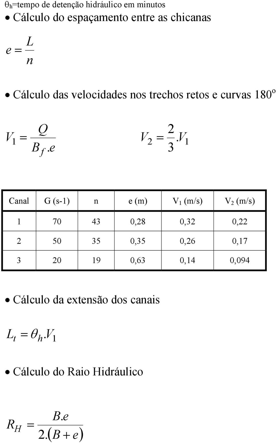 1 Canal G (s-1) n e () V 1 (/s) V (/s) 1 70 4 0,8 0, 0, 50 5 0,5 0,6 0,17 0 19 0,6