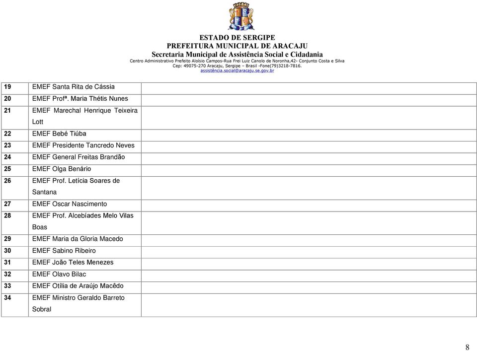 General Freitas Brandão 25 EMEF Olga Benário 26 EMEF Prof. Letícia Soares de Santana 27 EMEF Oscar Nascimento 28 EMEF Prof.