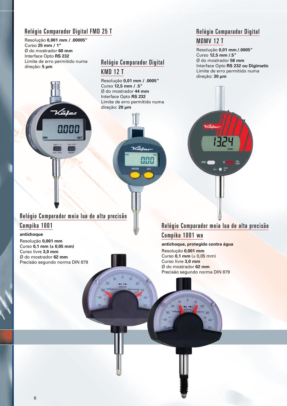 5 Ø do mostrador 44 mm Interface Opto RS 232 Limite de erro permitido numa direção: 20 µm Relógio Comparador Digital MDMV 12 T /.0005 Curso 12,5 mm /.