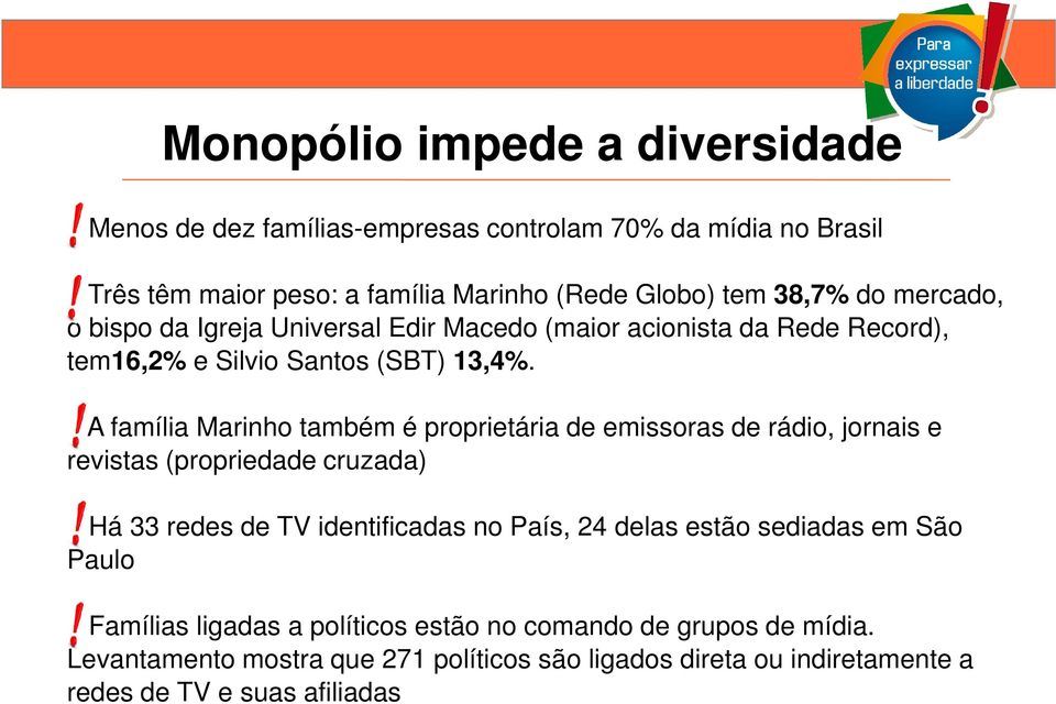A família Marinho também é proprietária de emissoras de rádio, jornais e revistas (propriedade cruzada) Há 33 redes de TV identificadas no País, 24 delas