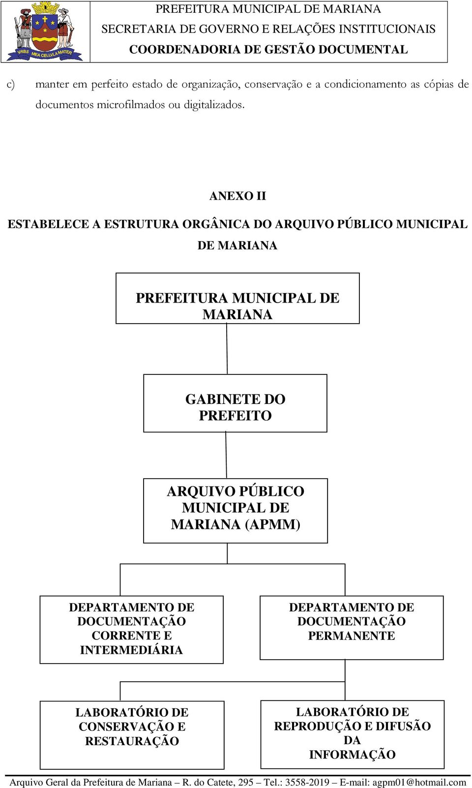 ANEXO II ESTABELECE A ESTRUTURA ORGÂNICA DO ARQUIVO PÚBLICO MUNICIPAL DE MARIANA PREFEITURA MUNICIPAL DE MARIANA GABINETE