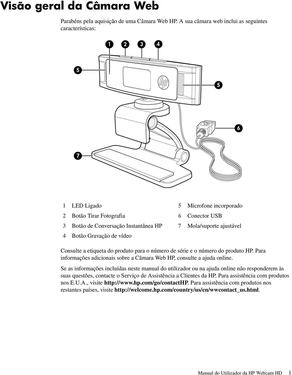 Mola/suporte ajustável Consulte a etiqueta do produto para o número de série e o número do produto HP. Para informações adicionais sobre a Câmara Web HP, consulte a ajuda online.