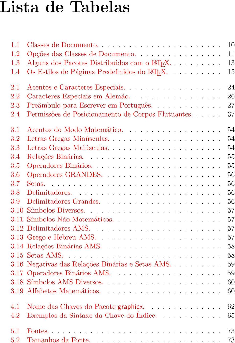 3 Preâmbulo para Escrever em Português............. 27 2.4 Permissões de Posicionamento de Corpos Flutuantes...... 37 3.1 Acentos do Modo Matemático.................. 54 3.2 Letras Gregas Minúsculas.