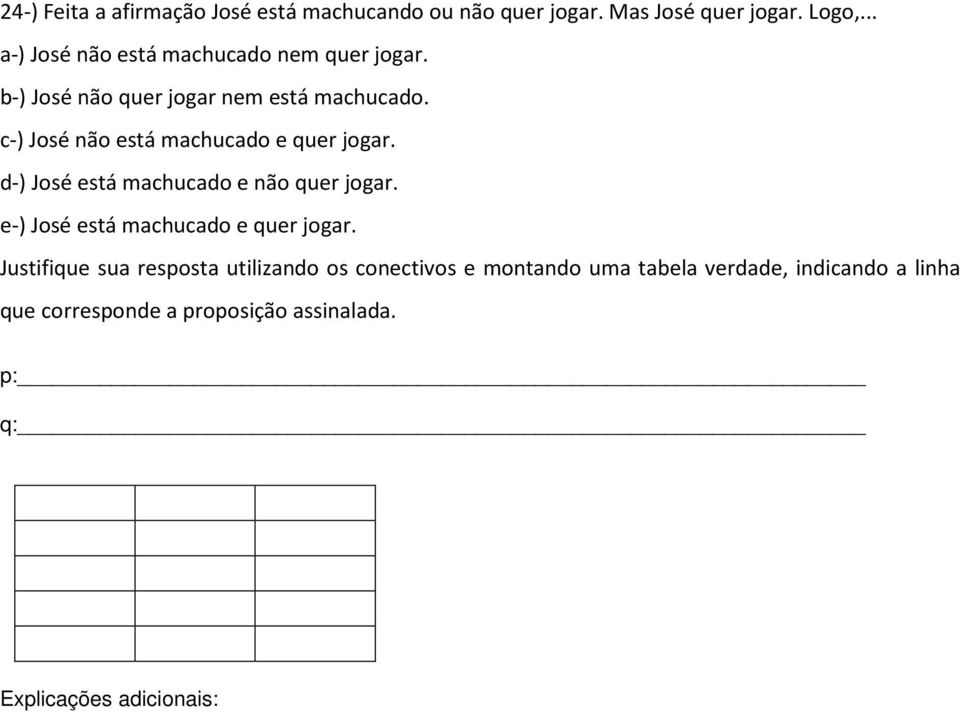 c-) José não está machucado e quer jogar. d-) José está machucado e não quer jogar.