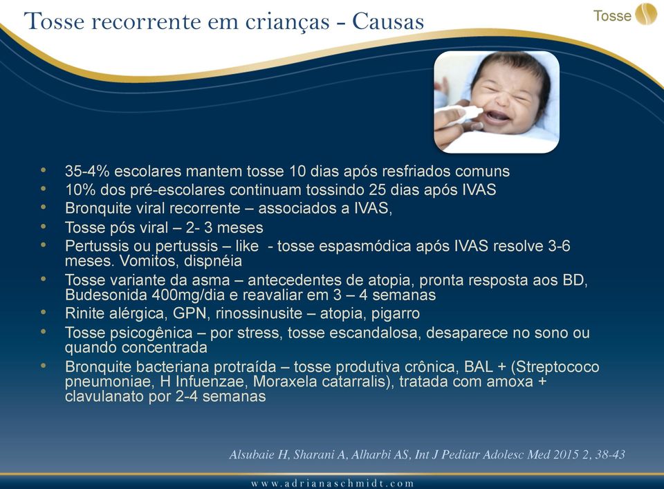 Vomitos, dispnéia variante da asma antecedentes de atopia, pronta resposta aos BD, Budesonida 400mg/dia e reavaliar em 3 4 semanas Rinite alérgica, GPN, rinossinusite atopia, pigarro psicogênica por