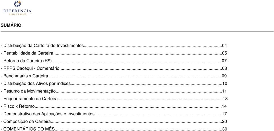 ..09 - Distribuição dos Ativos por índices...10 - Resumo da Movimentação...11 - Enquadramento da Carteira.