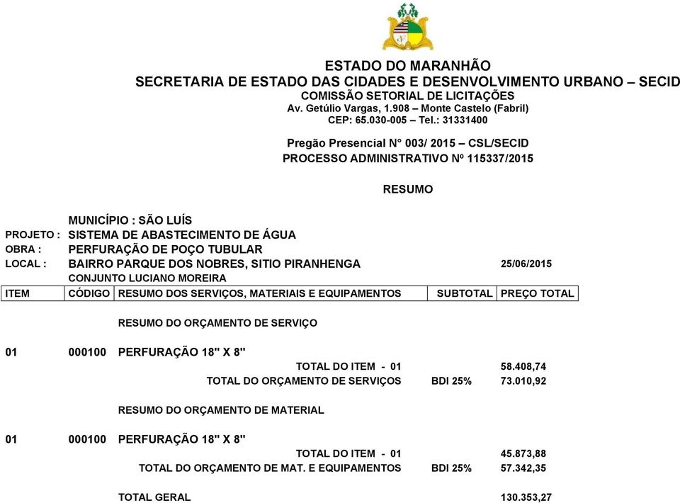 DE SERVIÇO 01 000100 PERFURAÇÃO 18'' X 8'' TOTAL DO ITEM - 01 58.408,74 TOTAL DO ORÇAMENTO DE SERVIÇOS BDI 25% 73.