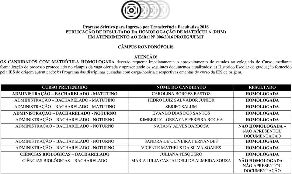 OS CANDIDATOS COM MATRÍCULA deverão requerer imediatamente o aproveitamento de estudos ao colegiado de Curso, mediante formalização de processo protocolado no câmpus da vaga ofertada e apresentando