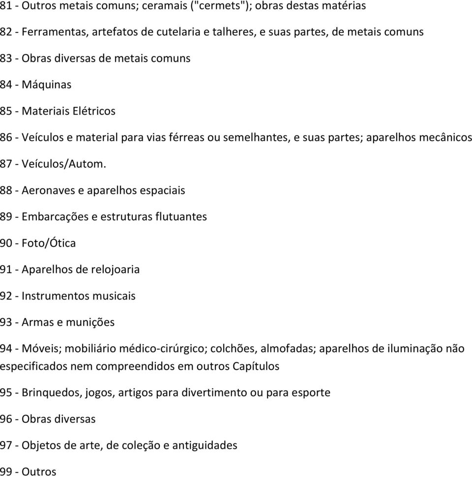 88 - Aeronaves e aparelhos espaciais 89 - Embarcações e estruturas flutuantes 90 - Foto/Ótica 91 - Aparelhos de relojoaria 92 - Instrumentos musicais 93 - Armas e munições 94 - Móveis; mobiliário