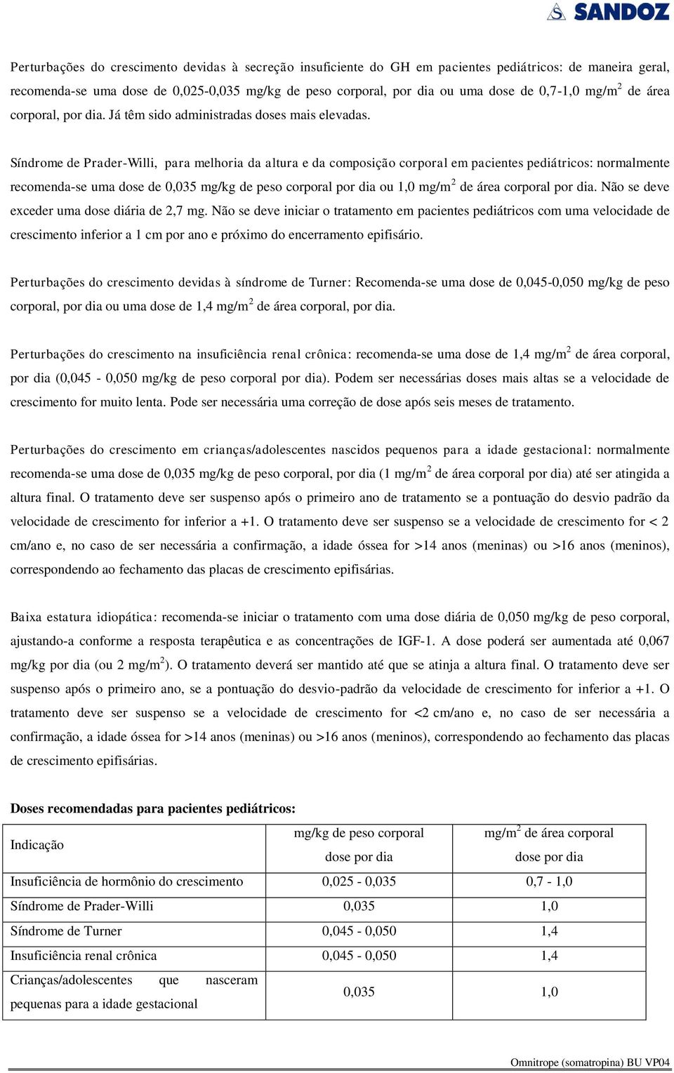 Síndrome de Prader-Willi, para melhoria da altura e da composição corporal em pacientes pediátricos: normalmente recomenda-se uma dose de 0,035 mg/kg de peso corporal por dia ou 1,0 mg/m 2 de área