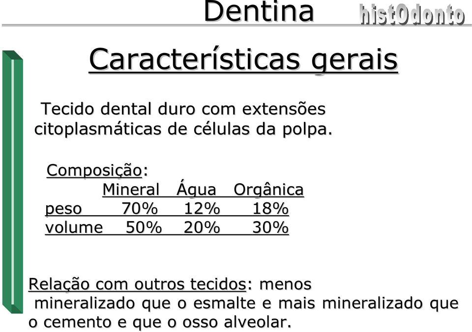 Composiçã ção: Mineral Água Orgânica peso 70% 12% 18% volume 50% 20% 30%