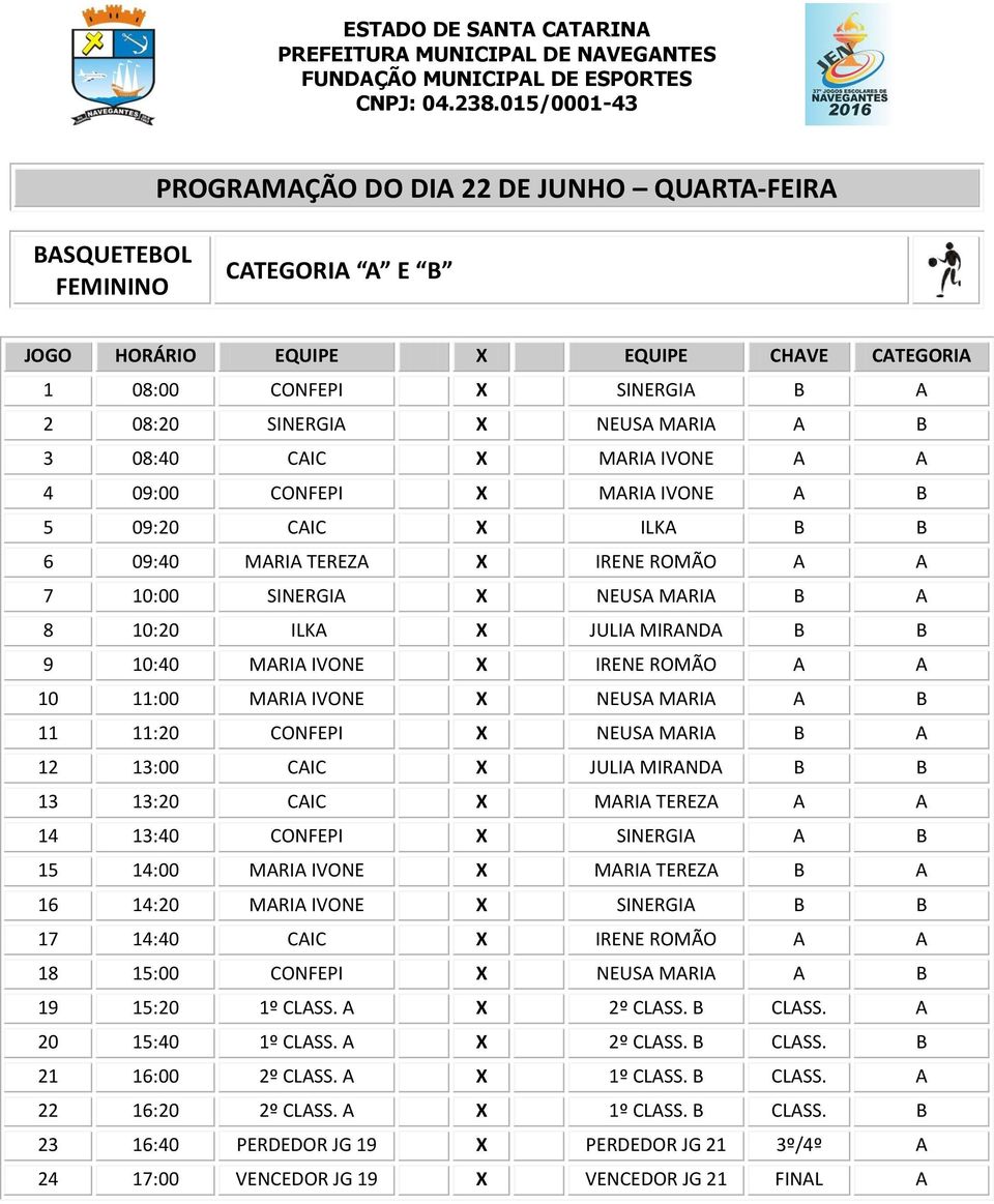 A A 14 13:40 X A B 15 14:00 X MARIA TEREZA B A 16 14:20 X B B 17 14:40 X A A 18 15:00 X NEUSA MARIA A B 19 15:20 1º CLASS. A X 2º CLASS. B CLASS. A 20 15:40 1º CLASS. A X 2º CLASS. B CLASS. B 21 16:00 2º CLASS.