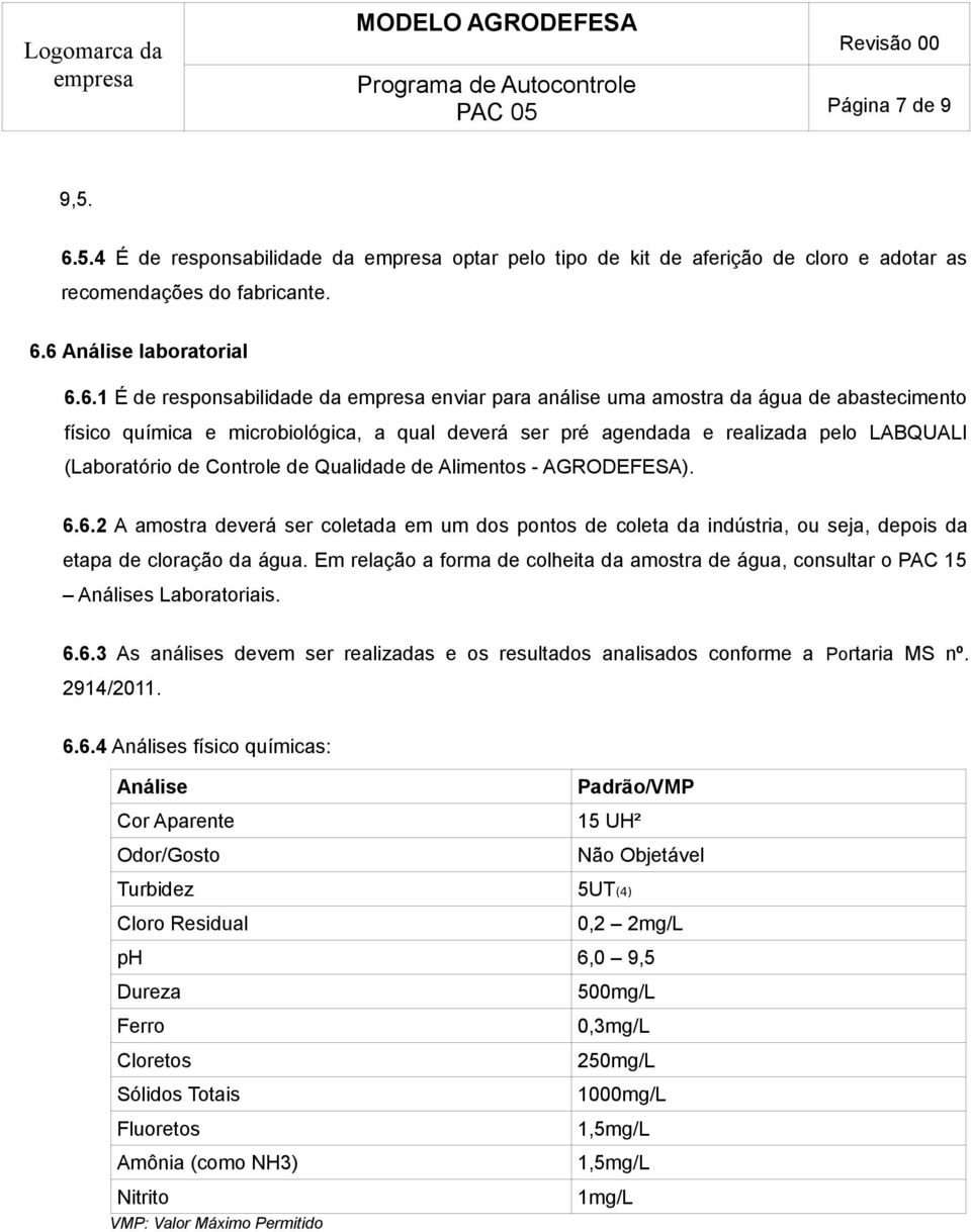 6 Análise laboratorial 6.6.1 É de responsabilidade da enviar para análise uma amostra da água de abastecimento físico química e microbiológica, a qual deverá ser pré agendada e realizada pelo