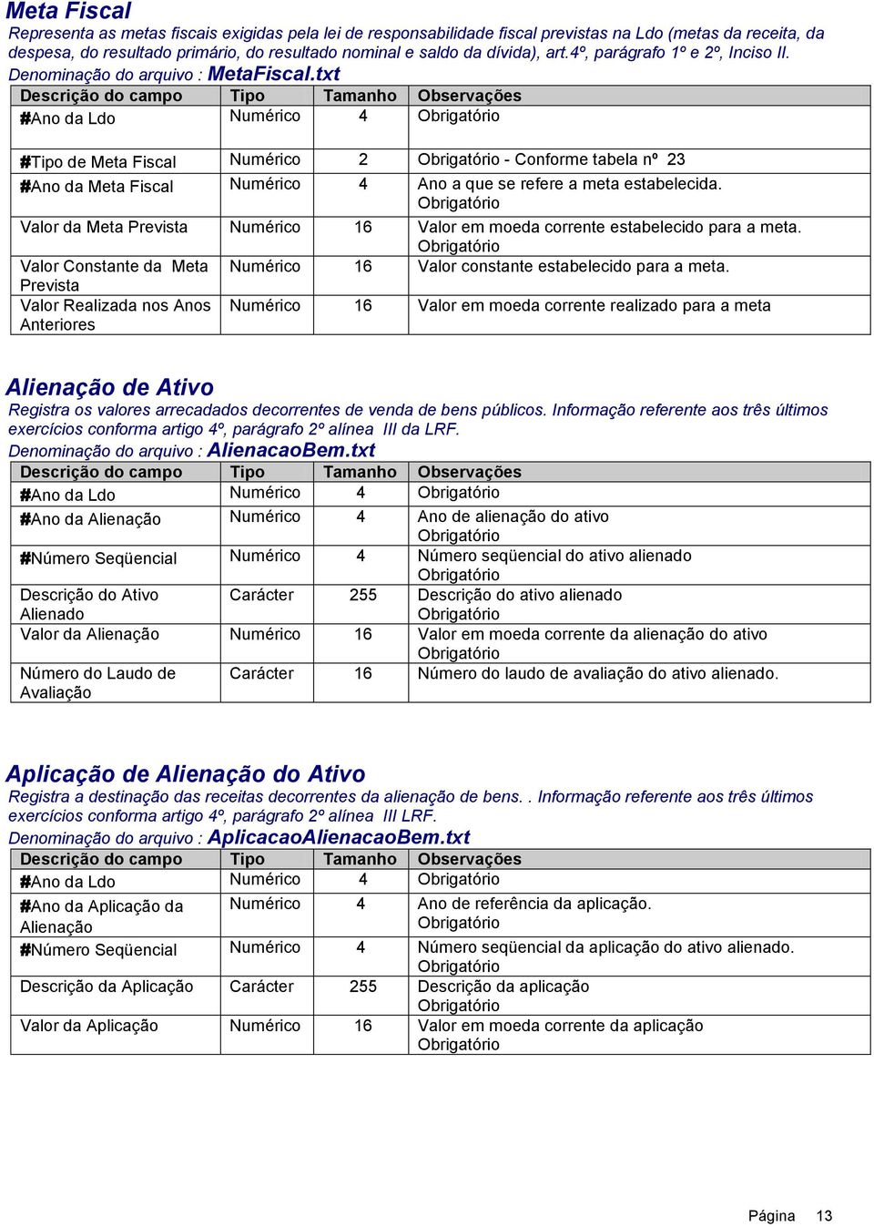 txt #Ano da Ldo Numérico 4 #Tipo de Meta Fiscal Numérico 2 - Conforme tabela nº 23 #Ano da Meta Fiscal Numérico 4 Ano a que se refere a meta estabelecida.