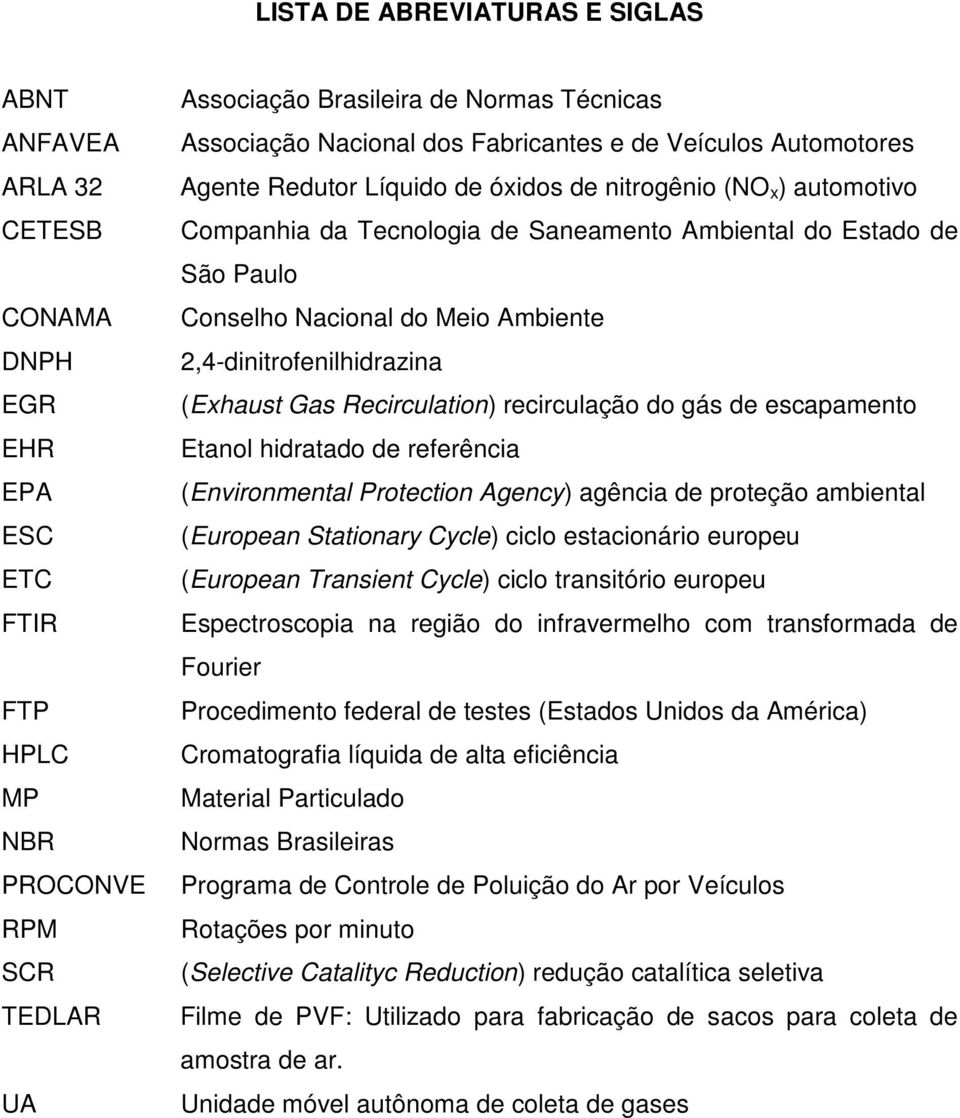 Meio Ambiente 2,4-dinitrofenilhidrazina (Exhaust Gas Recirculation) recirculação do gás de escapamento Etanol hidratado de referência (Environmental Protection Agency) agência de proteção ambiental