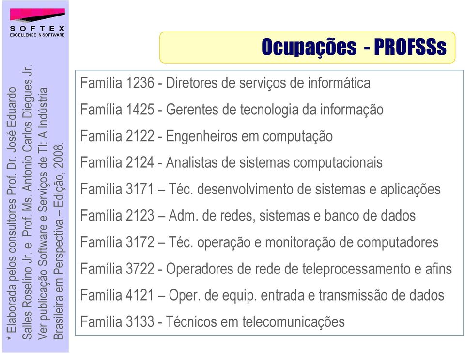 Família 1236 - Diretores de serviços de informática Família 1425 - Gerentes de tecnologia da informação Família 2122 - Engenheiros em computação Família 2124 - Analistas de sistemas