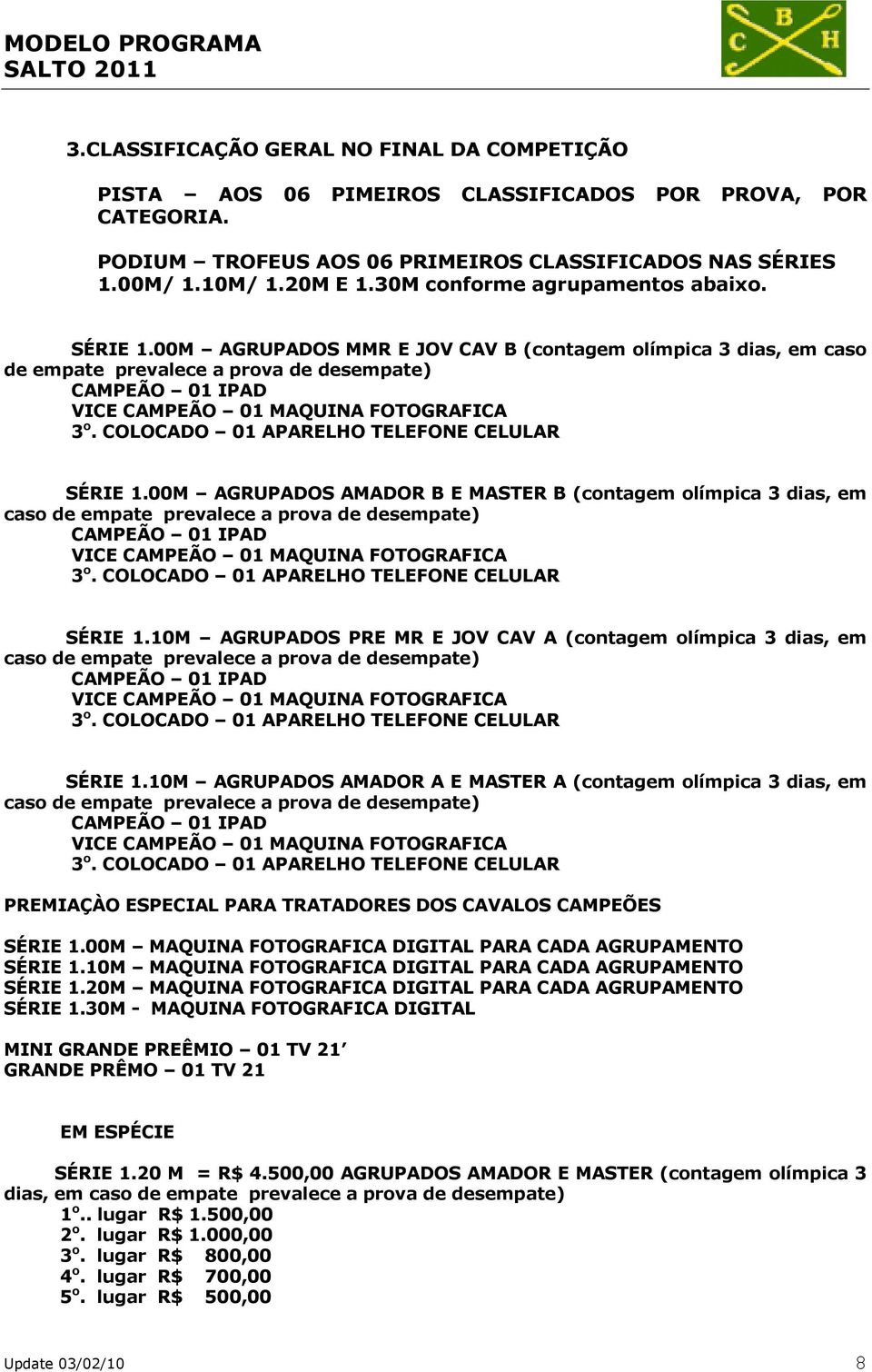 00M AGRUPADOS MMR E JOV CAV B (contagem olímpica 3 dias, em caso de empate prevalece a prova de desempate) CAMPEÃO 01 IPAD VICE CAMPEÃO 01 MAQUINA FOTOGRAFICA 3 o.