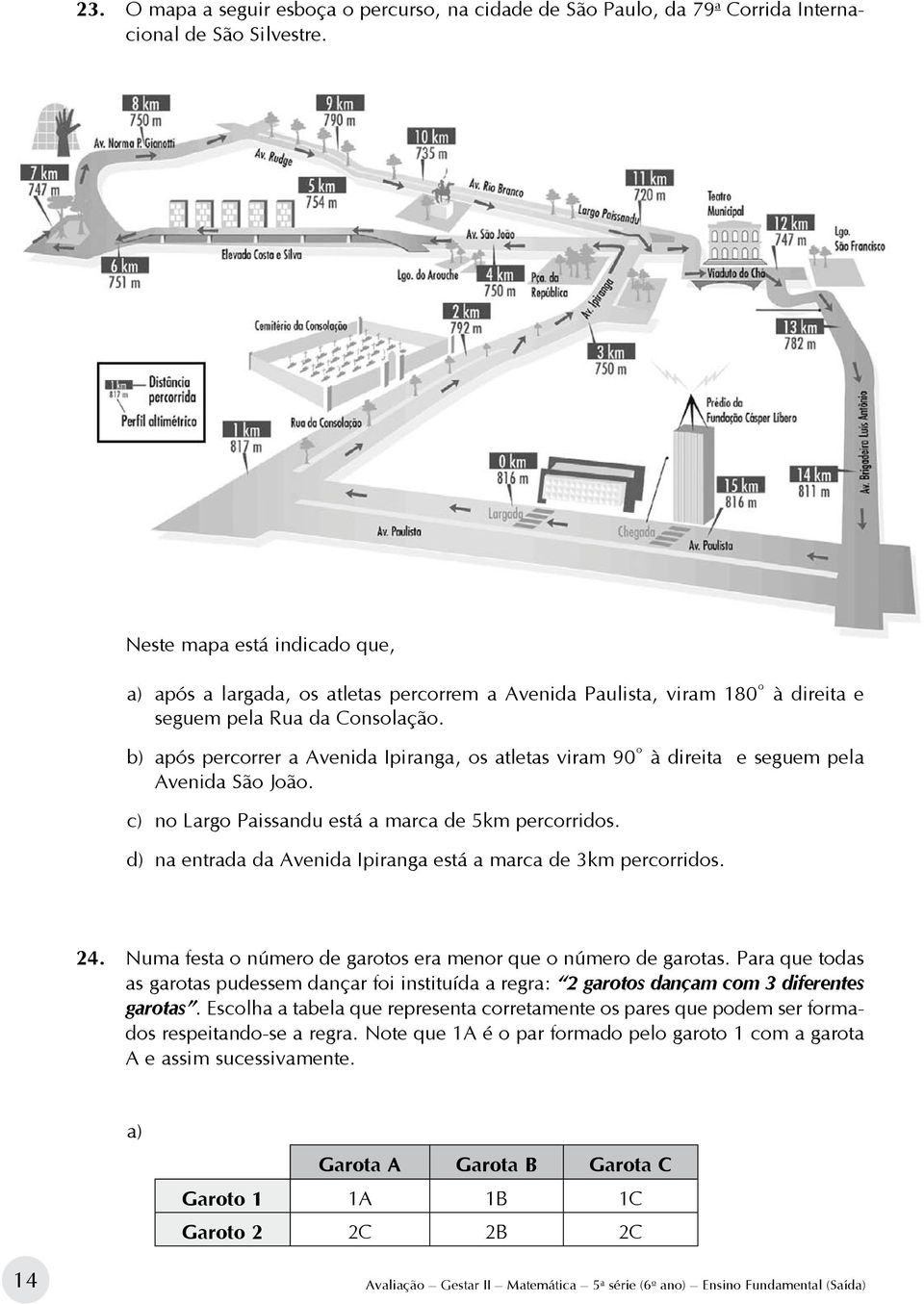 b) após percorrer a Avenida Ipiranga, os atletas viram 90º à direita e seguem pela Avenida São João. c) no Largo Paissandu está a marca de 5km percorridos.