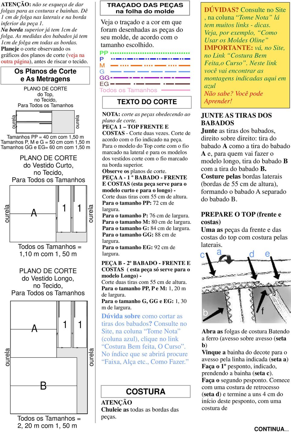 Os Planos de Corte e As Metragens do Top, do Vestido Curto, A Todos os Tamanhos =,0 m com, 50 m do Vestido Longo, A B Tamanhos PP = 40 cm com,50 m Tamanhos P, M e G = 50 cm com,50 m Tamanhos GG e EG=