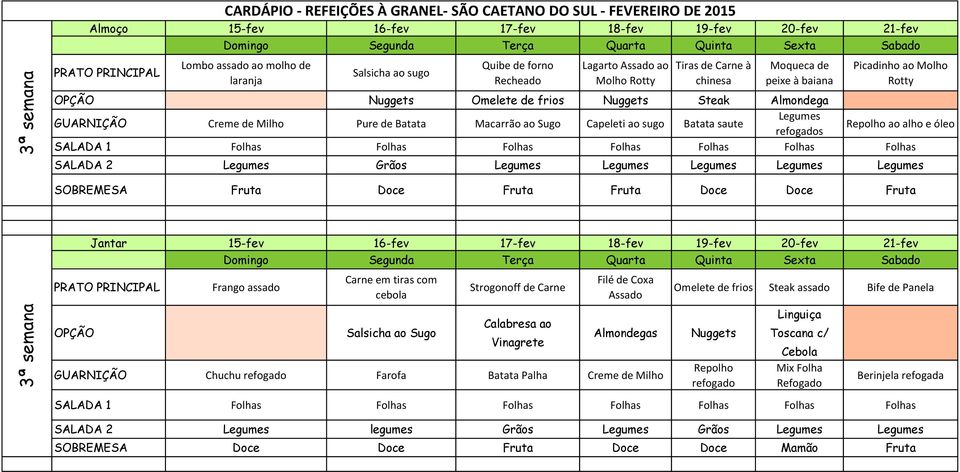 Creme de Milho Pure de Batata Macarrão ao Sugo Capeleti ao sugo Batata saute Legumes refogados Repolho ao alho e óleo SALADA 2 Legumes Grãos Legumes Legumes Legumes Legumes Legumes SOBREMESA Fruta