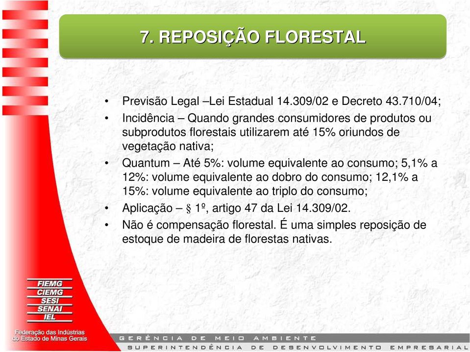 vegetação nativa; Quantum Até 5%: volume equivalente ao consumo; 5,1% a 12%: volume equivalente ao dobro do consumo; 12,1% a