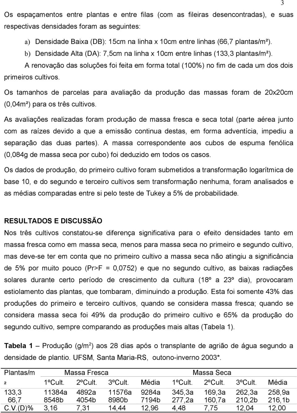 Os tamanhos de parcelas para avaliação da produção das massas foram de 20x20cm (0,04m²) para os três cultivos.