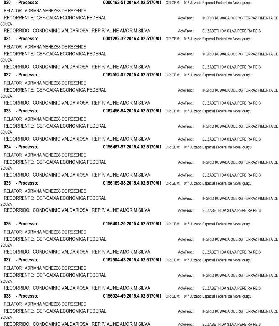 2015.4.02.5170/01 ORIGEM: 01º Juizado Especial Federal de Nova Iguaçu 036 - Processo: 0156401-20.2015.4.02.5170/01 ORIGEM: 01º Juizado Especial Federal de Nova Iguaçu 037 - Processo: 0162504-43.2015.4.02.5170/01 ORIGEM: 01º Juizado Especial Federal de Nova Iguaçu, 038 - Processo: 0156024-49.