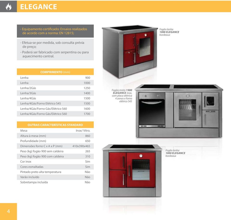 1 1600 1700 Fogão misto 1 Elegance inox, com placa elétrica 4 zonas e forno elétrico S45 Mesa Inox/ Vitro.