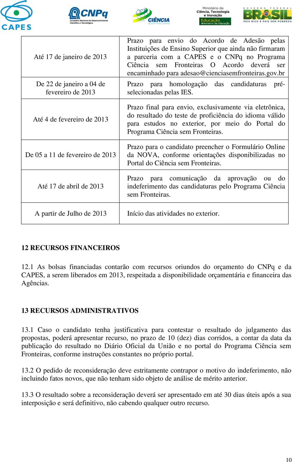 adesao@cienciasemfronteiras.gov.br pré- Prazo para homologação das candidaturas selecionadas pelas IES.