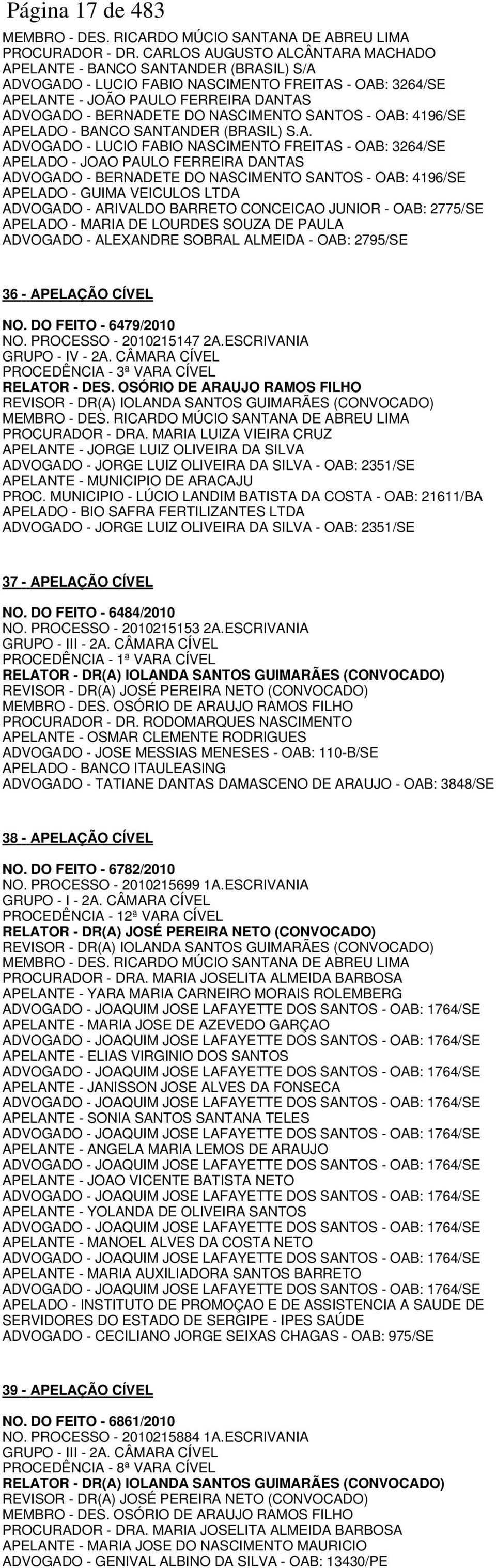 NASCIMENTO SANTOS - OAB: 4196/SE APELADO - BANCO SANTANDER (BRASIL) S.A. ADVOGADO - LUCIO FABIO NASCIMENTO FREITAS - OAB: 3264/SE APELADO - JOAO PAULO FERREIRA DANTAS ADVOGADO - BERNADETE DO