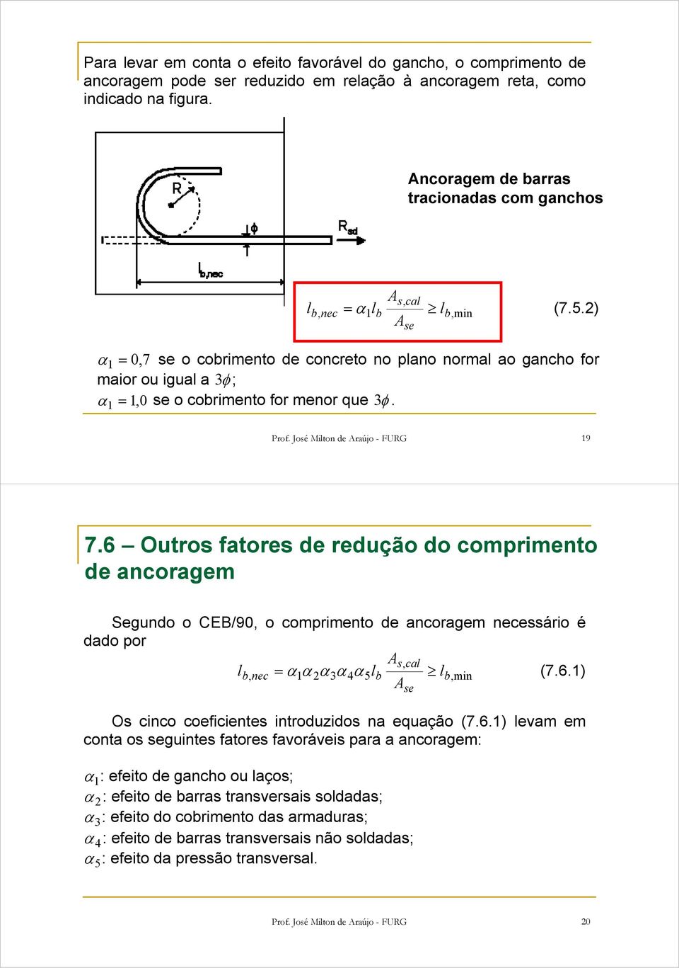 José Miton de Araújo - FURG 19 7.6 Outros fatores de redução do comprimento de ancoragem Segundo o CEB/90, o comprimento de ancoragem necessário é dado por As, ca b, nec = α 1α 2α3α 4α5b b,min (7.6.1) A Os cinco coeficientes introduzidos na equação (7.