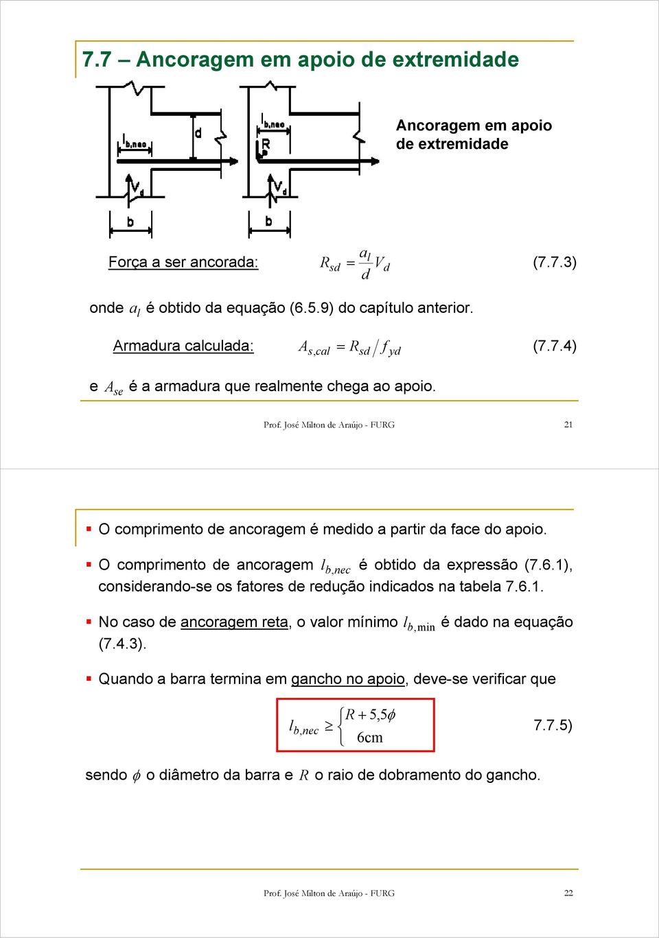 José Miton de Araújo - FURG 21 O comprimento de ancoragem é medido a partir da face do apoio. O comprimento de ancoragem b, nec é obtido da expressão (7.6.