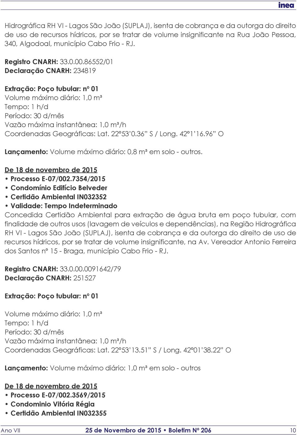 96 O Lançamento: Volume máximo diário: 0,8 m³ em solo - outros. Processo E-07/002.